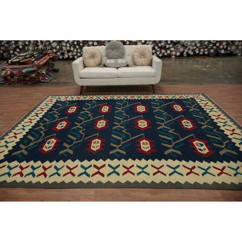 Hand Woven Oriental 100% Wool Carpet Southwestern Tribal Navy Blue & Blues Kilim Area Rug - 9' 11'' X 8' 2''
