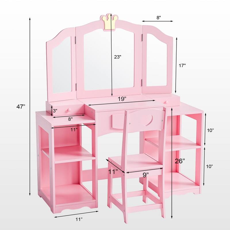 Kids Vanity Table And Chair Set, 2 In 1 Girls Vanity Storage Cabinet W/Tri-Folding Mirror - N/A