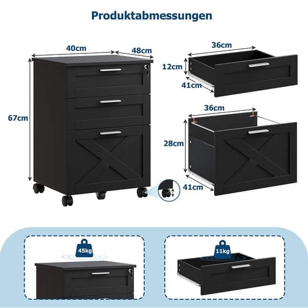 3-Drawer File Cabinet with Lock, Mobile Under Desk Filing Cabinet for Home Office, Wood Storage Organizer