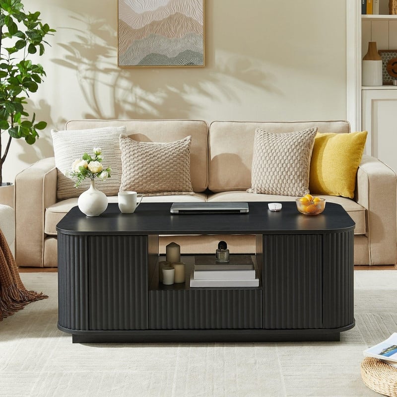 Modern 46.5" Oval Coffee Table with Storage Drawers and Unique Curved Design for Living Room Spaces