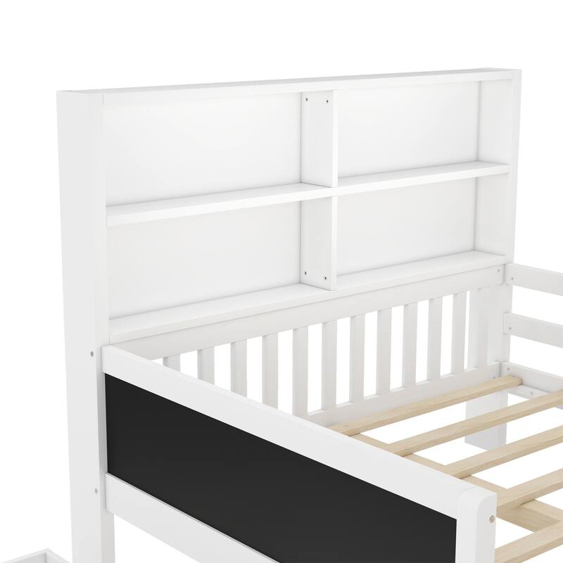 Childlike Fun Solid Wood Low-profile Platform Bed Storage Bed Frame with Side Chalkboard, Open Shelves, Drawers and Guardrails