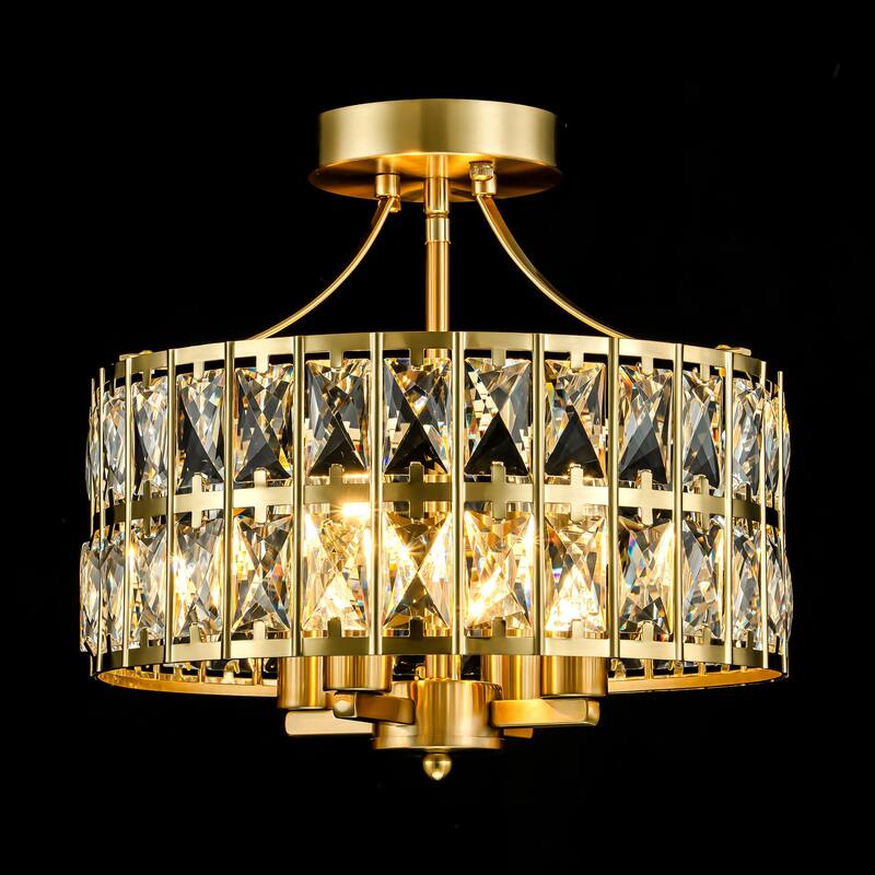 4-Light 13-inch Mid-Century Modern Crystal Drum Ceiling Light Lantern Crystal Semi-Flush Mount Light