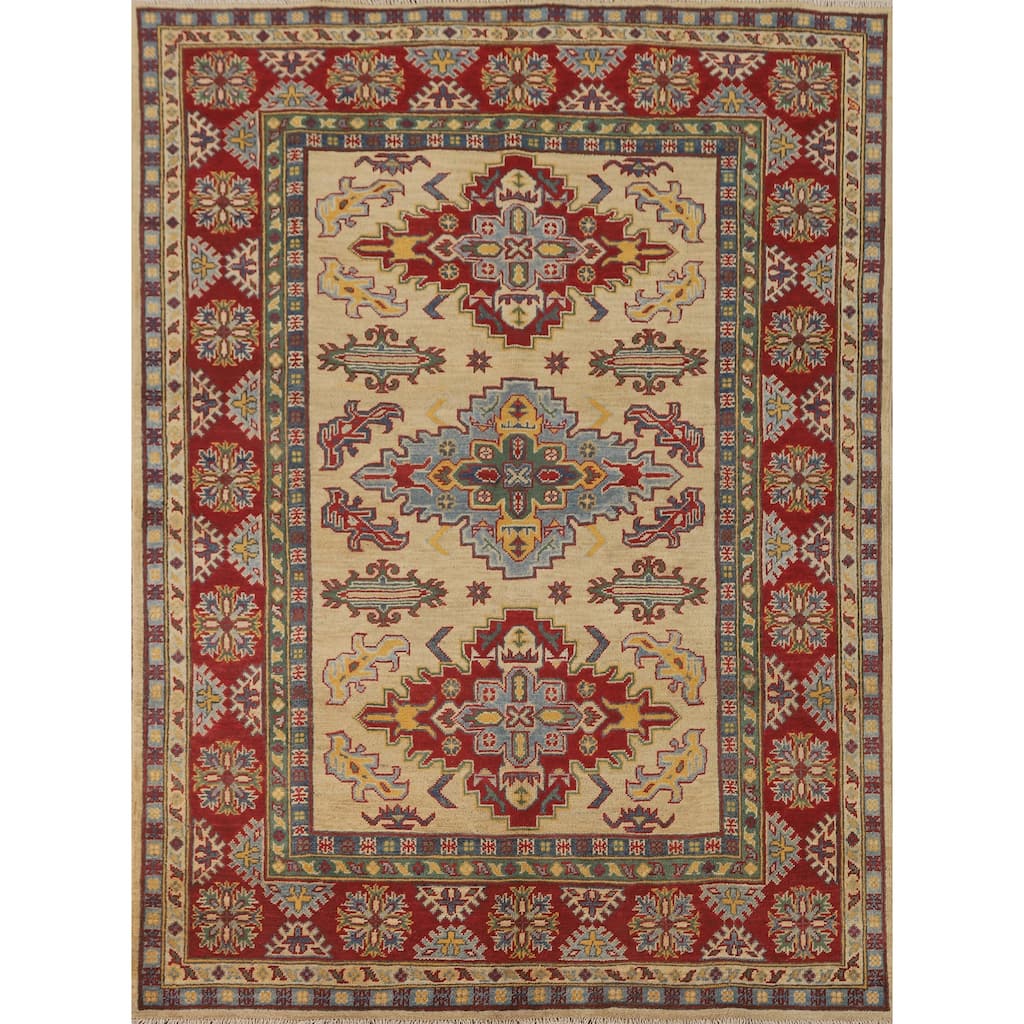Kazak Area Rug Handmade Oriental Yellow Wool Carpet - 5'2" x 6'7"