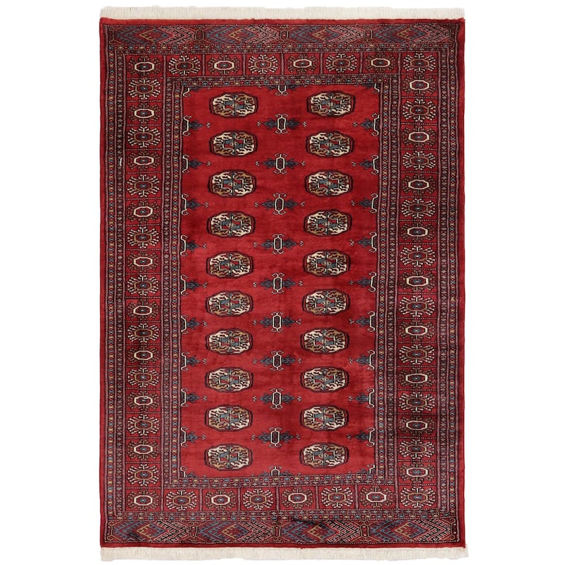 Rustic Bokhara Paola Red Blue Hand Knotted Rug - 4'1'' x 6'0''