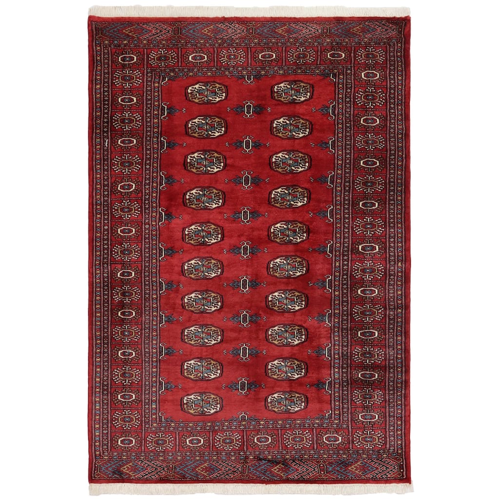 Rustic Bokhara Paola Red Blue Hand Knotted Rug - 4'1'' x 6'0''