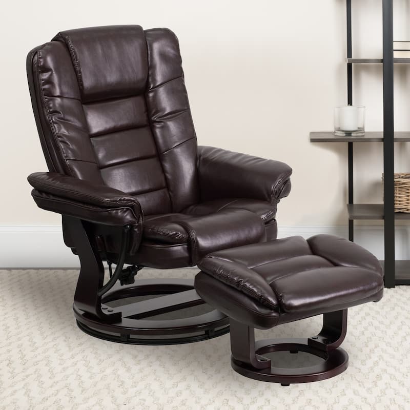 Contemporary LeatherSoft Recliner with Horizontal Stitching and Ottoman - Brown Faux Leather