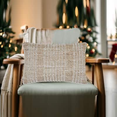 Anye 14 x 22 Lumbar Throw Pillow Set of 4, Handwoven Striped Tan Ivory Wool