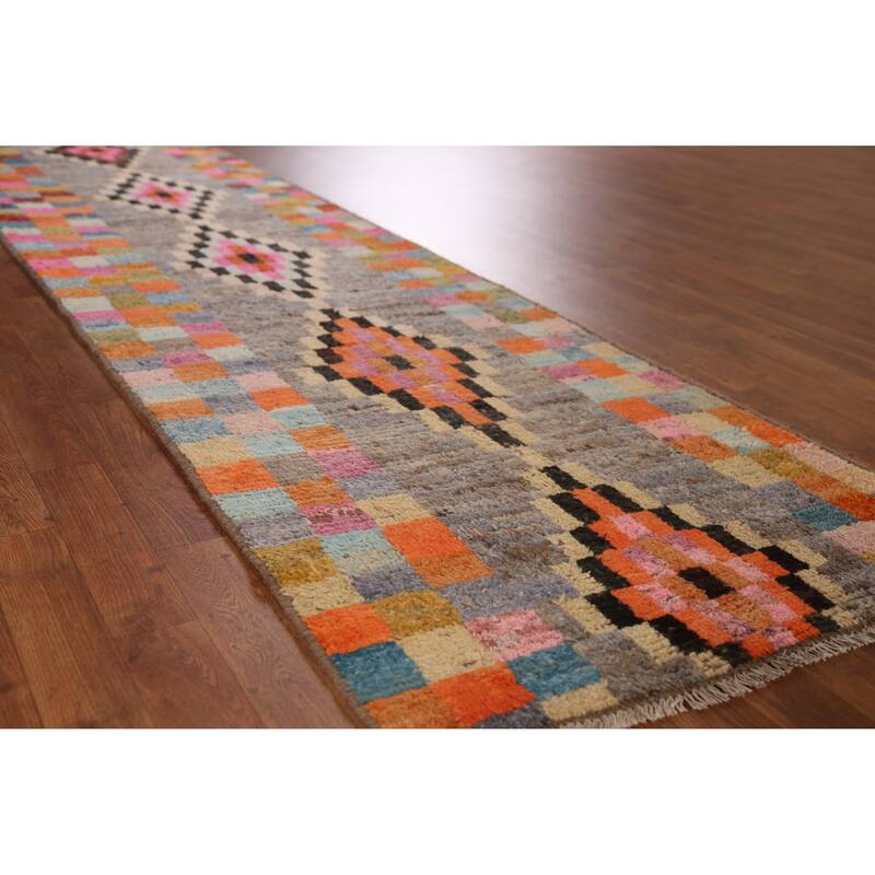 Checkered Moroccan Oriental Runner Rug Handmade Tribal Wool Carpet - 2'10" x 12'8" - 2'10" x 12'8" - Multi-Color
