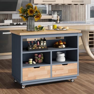 Kitchen Island Cart With 2 Drawers, Solid Wood Top