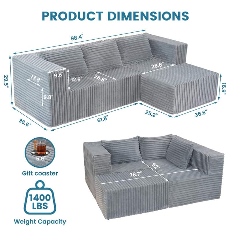 Cloud Sectional Couch with Chaise, L Shaped Modern Modular Sofa