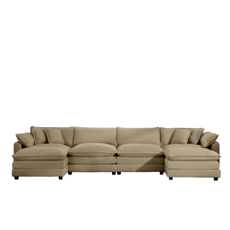 Tan 150" Corduroy Cloud Upholstered Modular U-Shaped Sectional Sofa with 2 Removable Ottoman and Free Combination Design