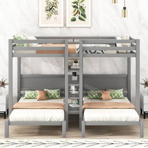 Full XL/Twin XL over Twin&Twin Bunk Bed with Built-in Four Shelves and Ladder