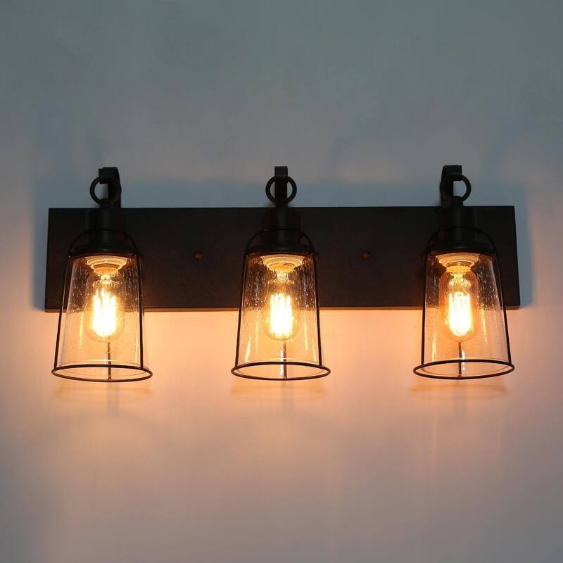 Farmhouse 3-Light Bronze Bathroom Vanity Lights Metal Cage Wall Sconces with Seeded Glass - 22" L x 6" W x 10" H