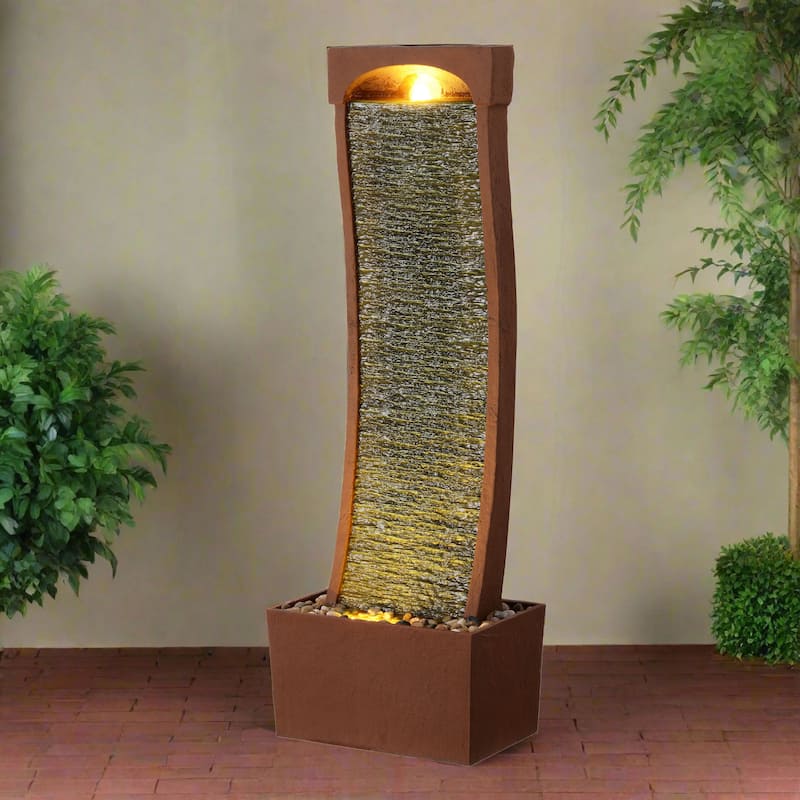 Teamson Home Modern Curved Faux Slate Waterfall Fountain with LED Lights - Indoor Outdoor Decor