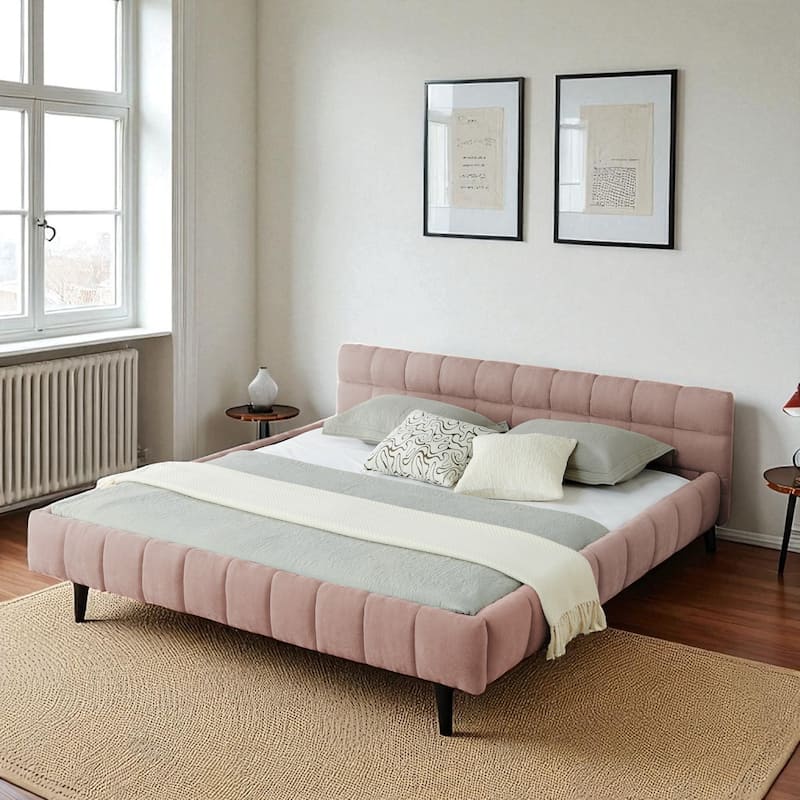 California King Upholstered Platform Bed, Thick Chenille, Low-Profile Headboard, No Box Spring, 90.5 x 80.5 x 31 in