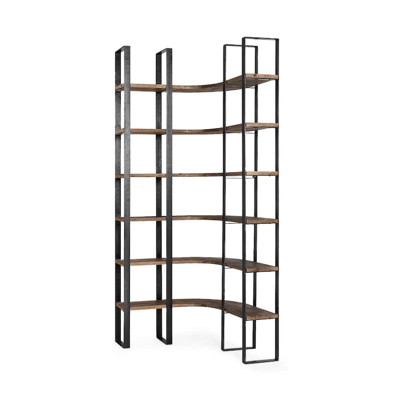 HomeRoots 90" Black And Brown Iron and Wood Six Tier Bookcase