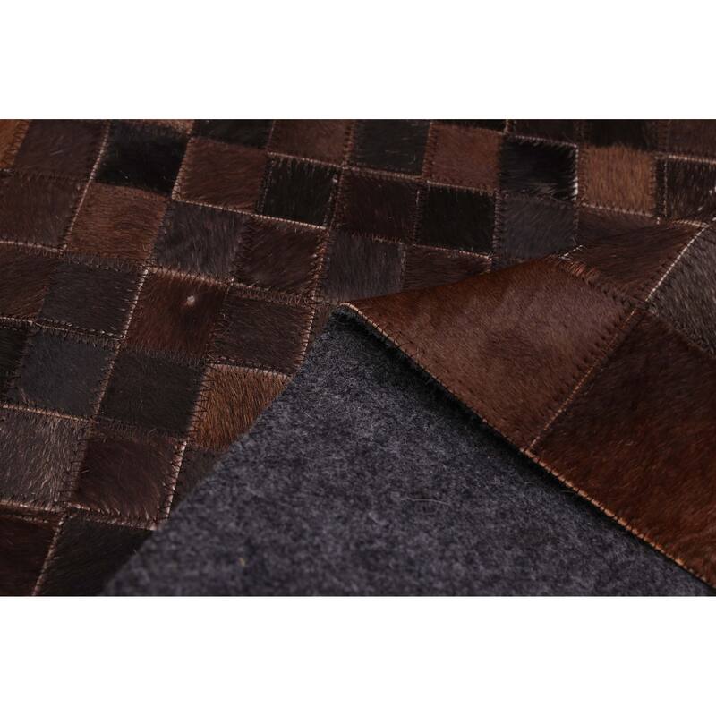 ECARPETGALLERY Handmade Cowhide Patchwork Dark Brown Leather Rug - 6'1 x 6'1