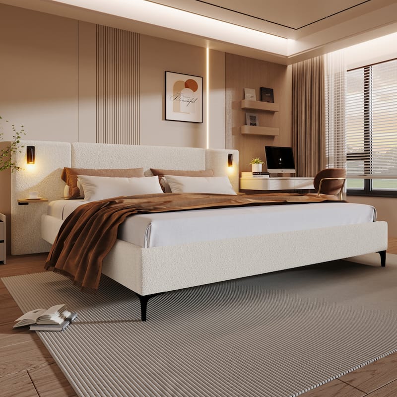 Christopher Knight Home - Elise Boucle Upholstered Bed with Integrated Lights and Shelves - White - King