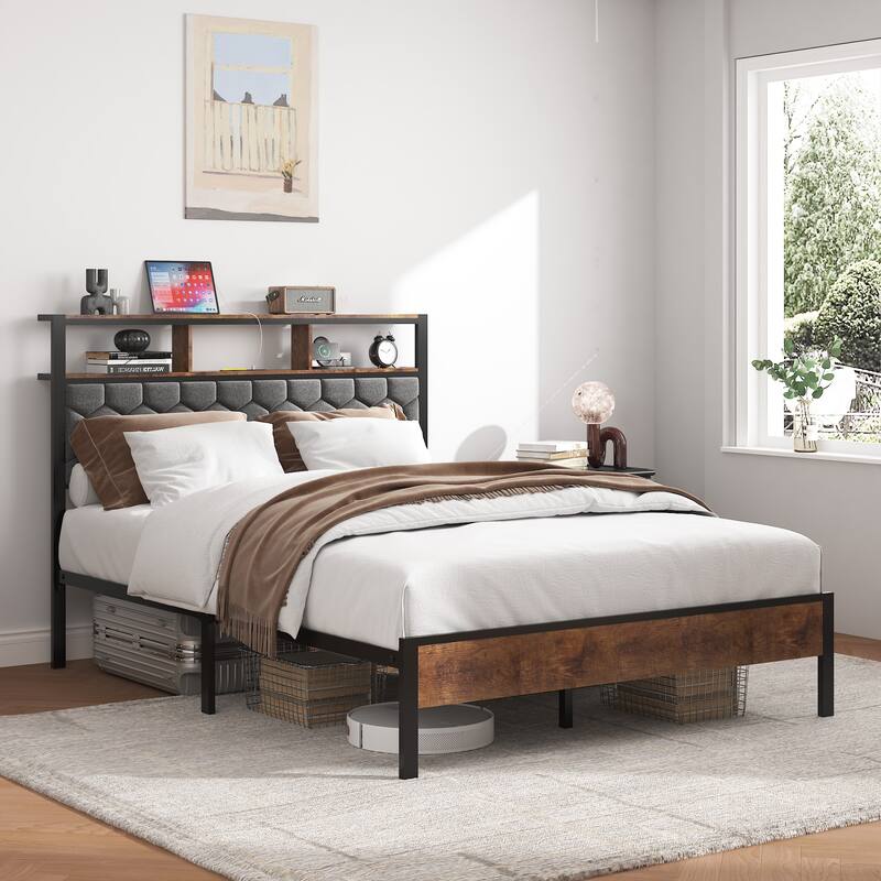 Brown Wood Platform Bed Frame with Type-C Port Noise Free,No Box Spring Needed(Full/Queen/King） - Full