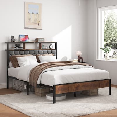 Full size wooden platform bed frame,bedside with soft package and 2 USBs,no need for spring mattress,bed bottom storage space