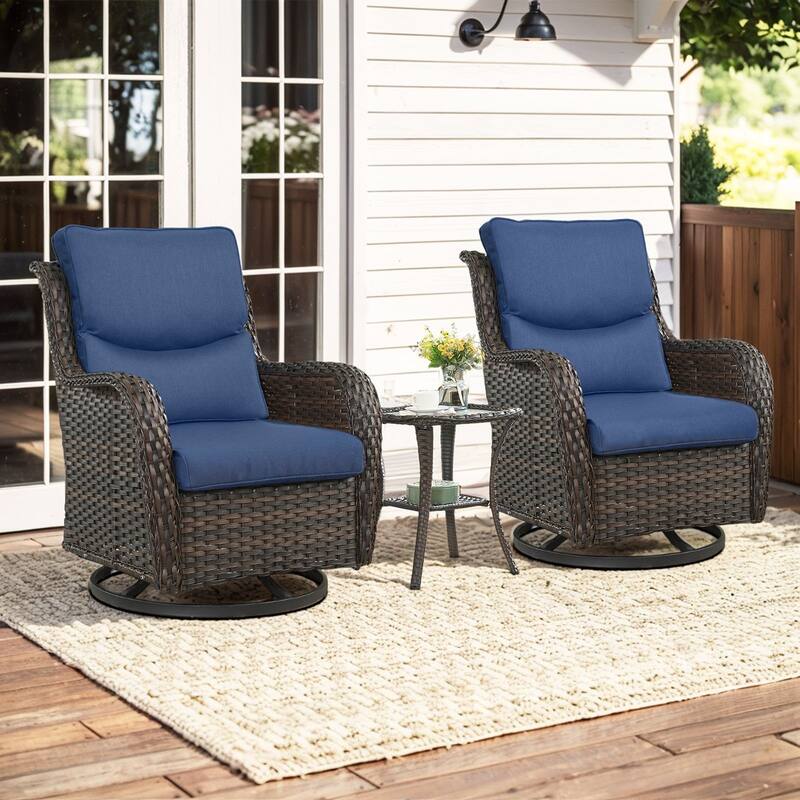 3 Pieces Outdoor Gliders Swivel Chairs with Table with 5-Inch Thick Cushions - Brown Rattan - Blue Cushion - 3PCS Swivel Chairs with Table