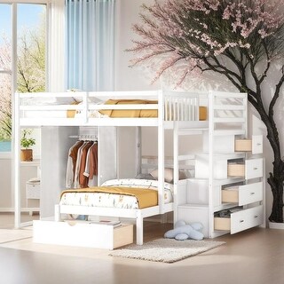 Contemporary Full Over Twin Bunk Bed with Wardrobe and Convenient Footboard Drawers, Versatile Sleeping Arrangements, White