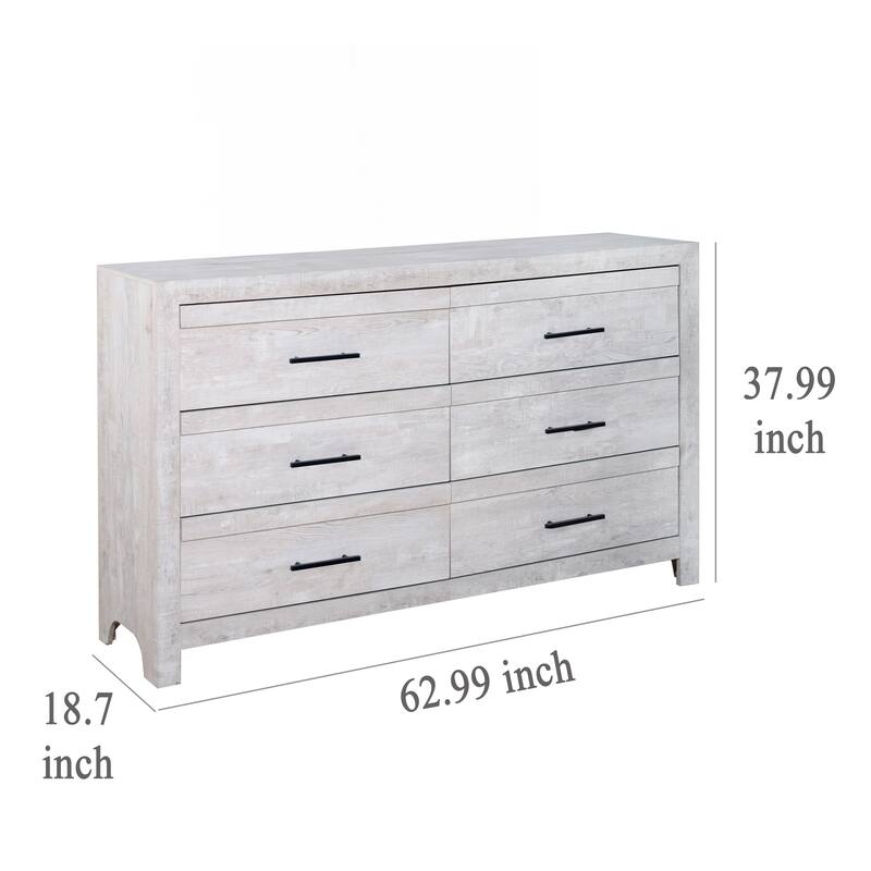 Bisca 63 Inch Wide Dresser, 6 Drawers, Black Handles, Light Gray Wood