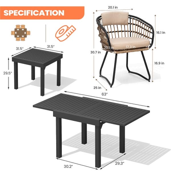 dimension image slide 5 of 8, 7/9/11PC Outdoor Aluminum Expandable Patio Dining Sets Table with Wicker Chair