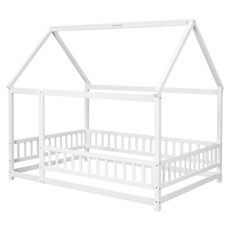 Floor Wooden Bed with House Roof Frame, Fence Guardrails