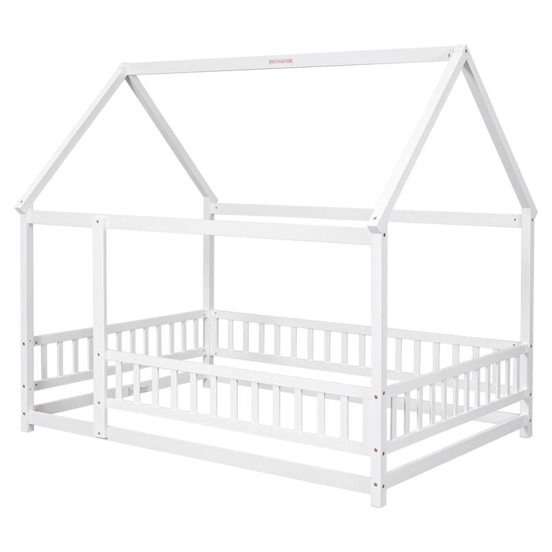 Floor Wooden Bed with House Roof Frame