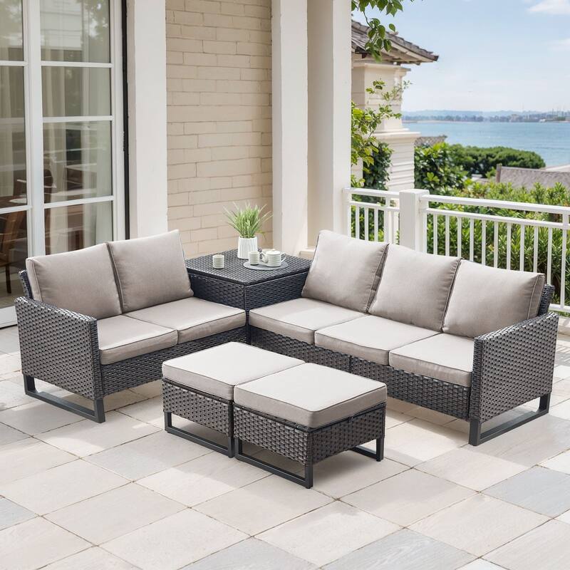 Gymojoy 5 Person All-Weather Wicker Outdoor Patio Sofa Set With Cushions And Ottoman