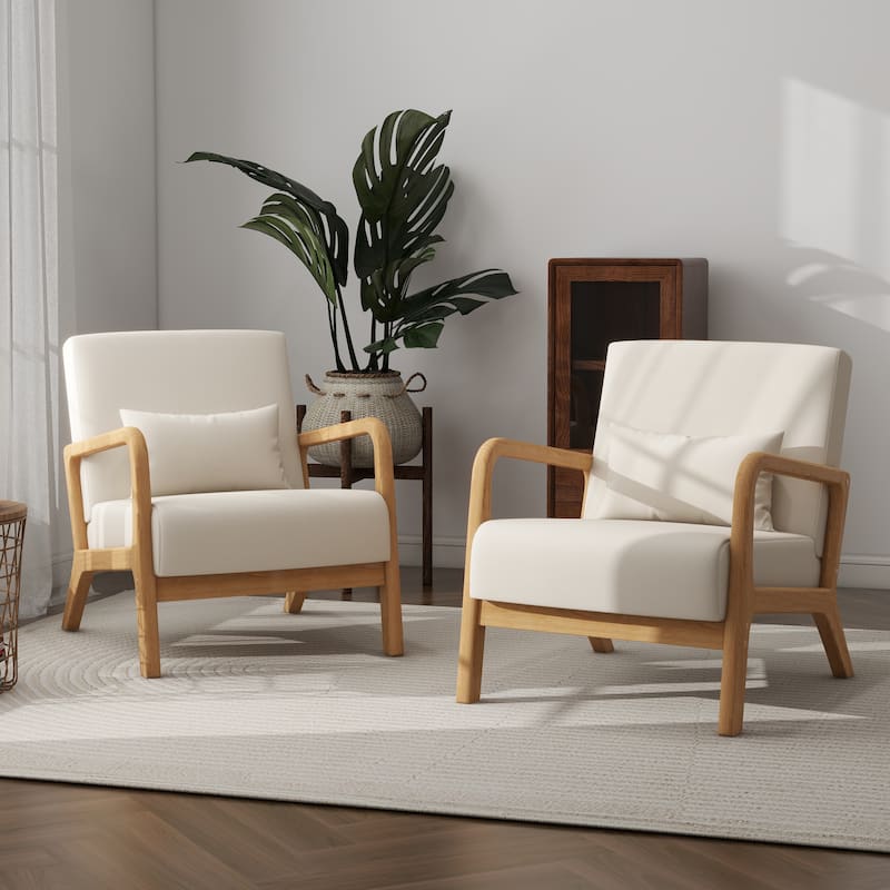 Briston 2 Set Mid Century Modern Wood Accent Chairs with pillow - Linen - Beige-2Pack