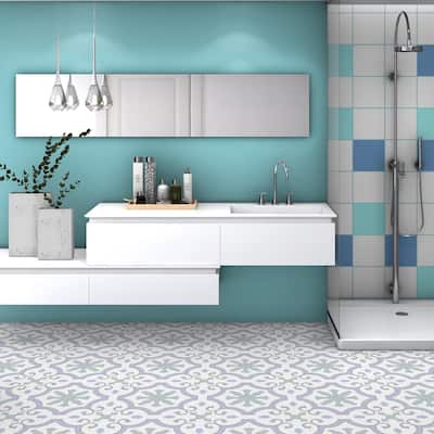 Merola Tile Lacour Aqua Encaustic 9.75" x 9.75" Porcelain Floor and Wall Tile
