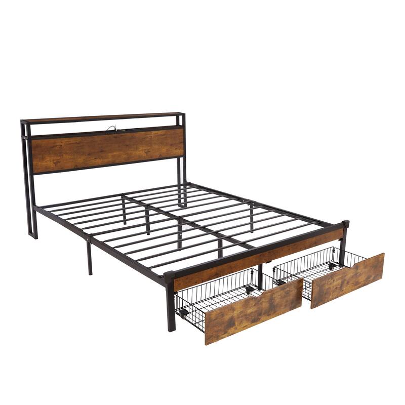 King Size Metal Platform Bed with Wooden Headboard, USB Charging, LED Lights, 2 Storage Drawers, No Box Spring Needed