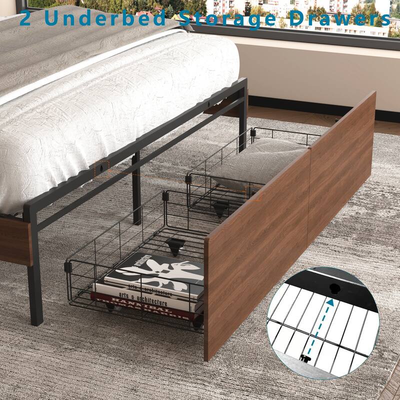 Full or Queen Wood Platform Bed Frame with LED Storage Headboard, Drawers, Charging Station, No Box Spring Needed