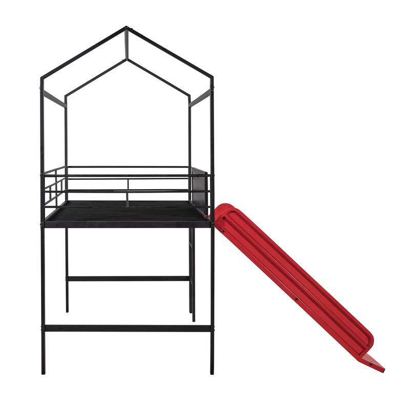 Metal House Bed with Slide, Metal Loft Bed with Two-sided Writable Wooden Board