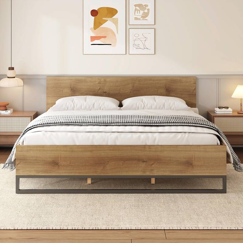 Engineered Wood Bed Frame, Natural & Black Color - Natural+Black - King