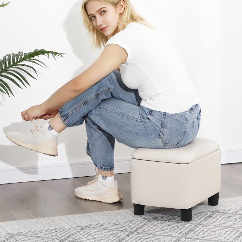 Adeco 16" Faux Leather Storage Ottoman Small Footstool