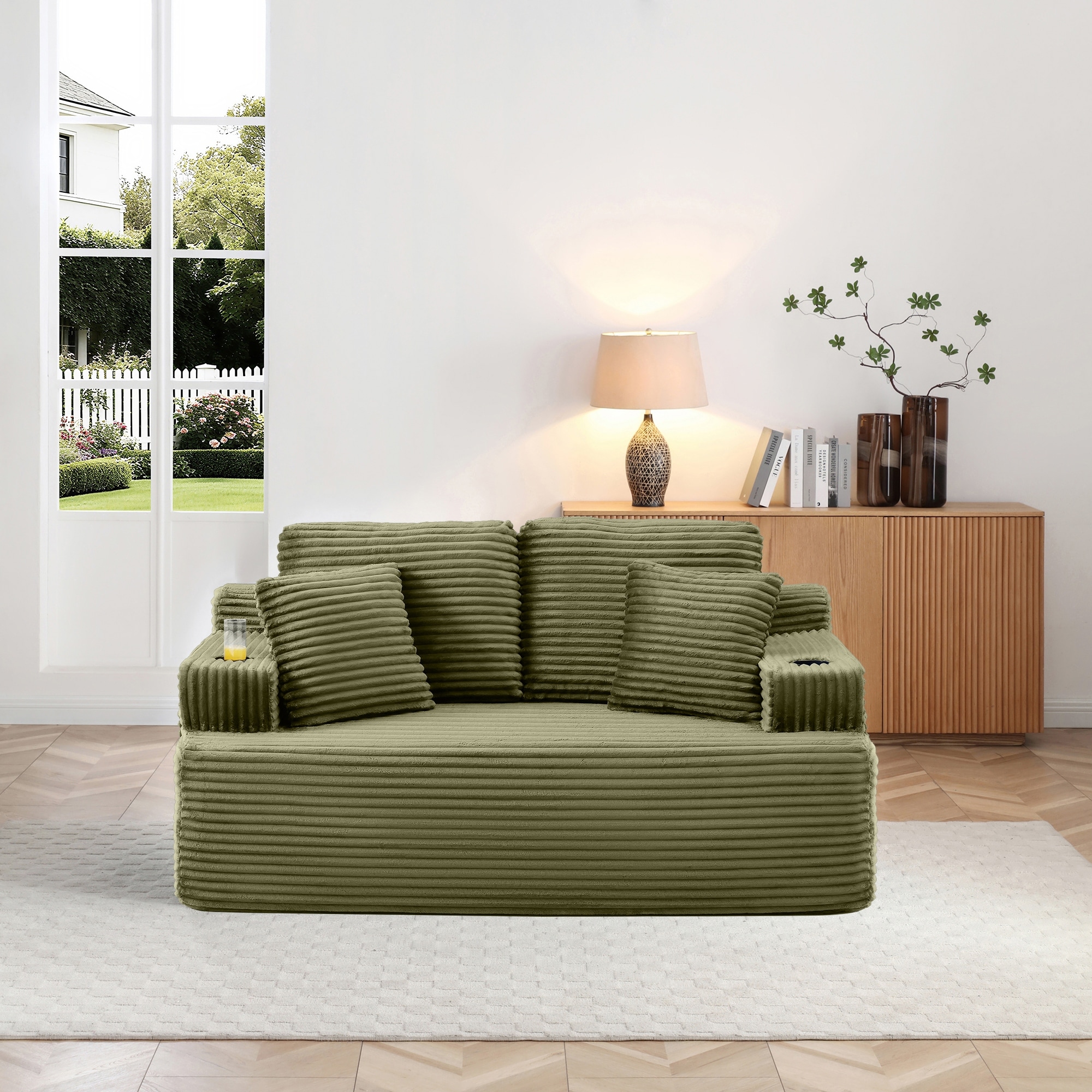 66.5'' Boneless Sofa Couch with 2 Pillows, 2 Seater Sofa Couch Green Upholstered Loveseat with Side Pocket