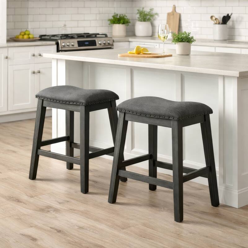 Fabric Saddle Counter Stool with Nailhead Trim, Set of 2, Gray