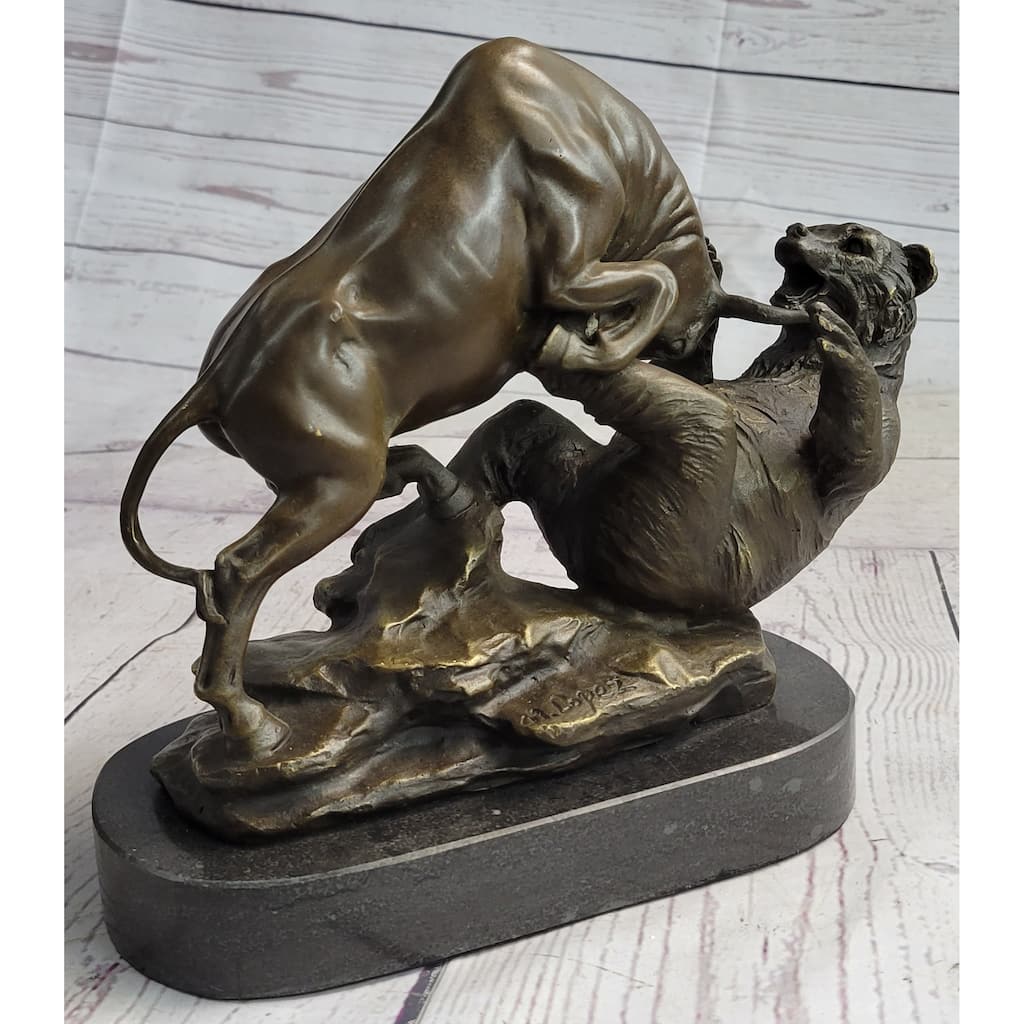 Wall Street Bull Vs Bear Market Bronze Metal Desktop Statue Sculpture 9 Inches X 11 Inches