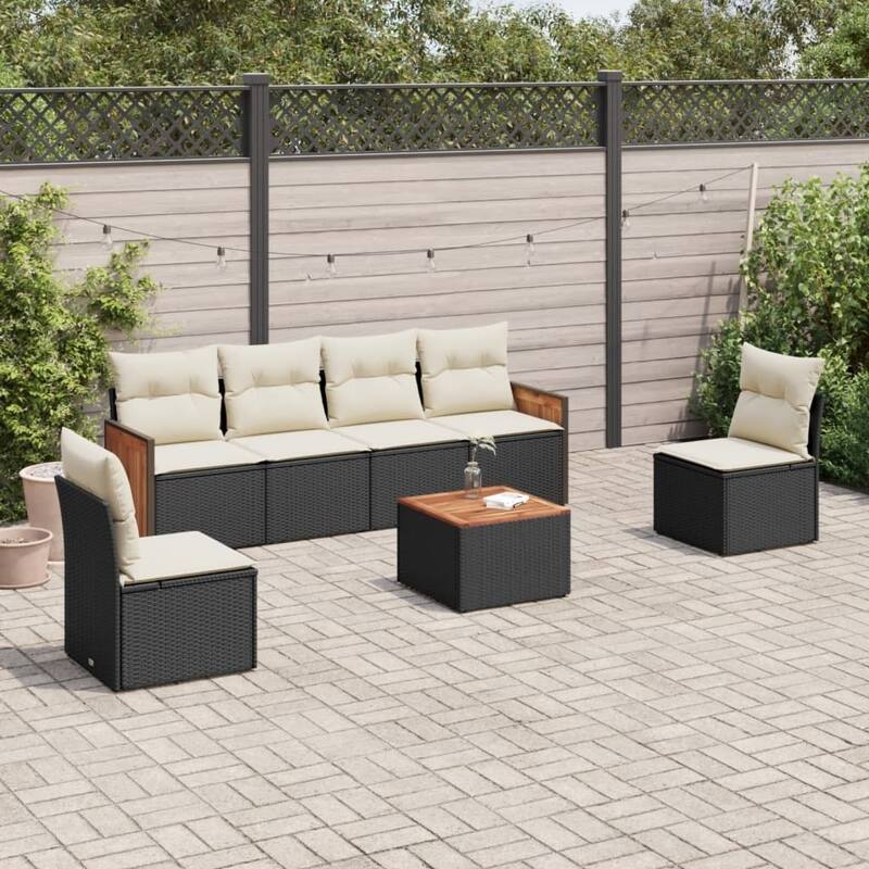 vidaXL Patio Sofa Set with Cushions Outdoor Conversation Furniture Poly Rattan - Black and cream with table - 21.7 x 21.7 x 14.6 in