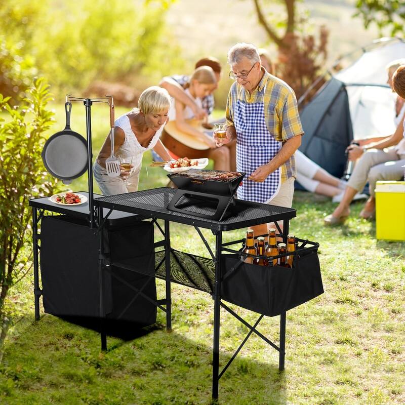 Portable Folding Camping Kitchen Table with Storage Organizer, Light Pole, Side Bag & Hooks for Outdoor Cooking