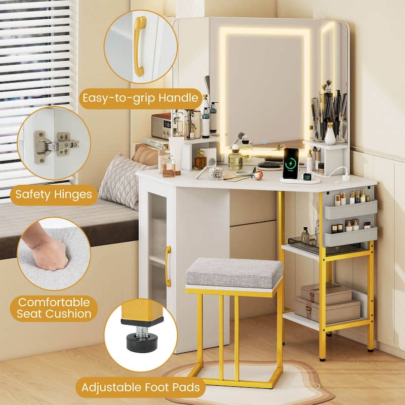 Costway Corner Vanity Desk with Mirror Lights Triple Mirror 3 Lighting - See Details