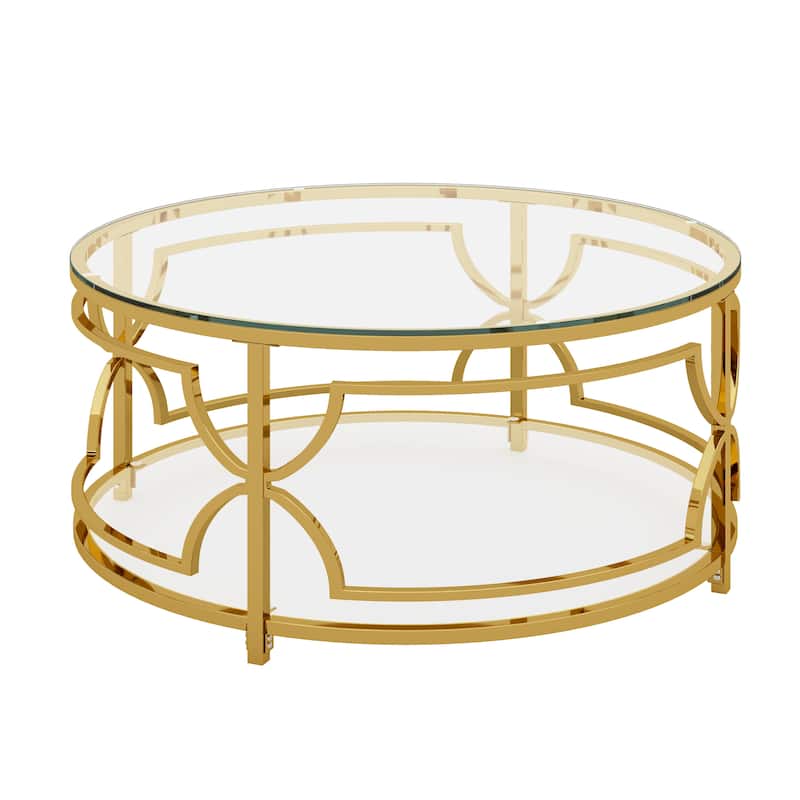 Glass Coffee Table Round Living Room Table, Luxurious Storage Table with Lower Shelf, 30.7" Center Table with Tempered Glass Top