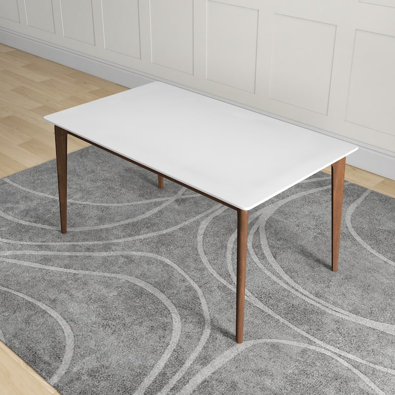 Lindsey Mid-Century Modern Solid Wood Dining Table with White Top and Walnut Legs, 59 inches for Bedroom Hallway, Entryw