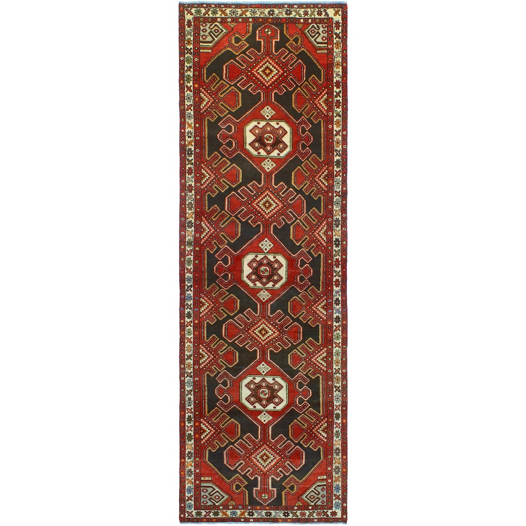 Fine Vintage Distressed Ofelia Charcoal/Red Runner - 3'6" x 11'1"