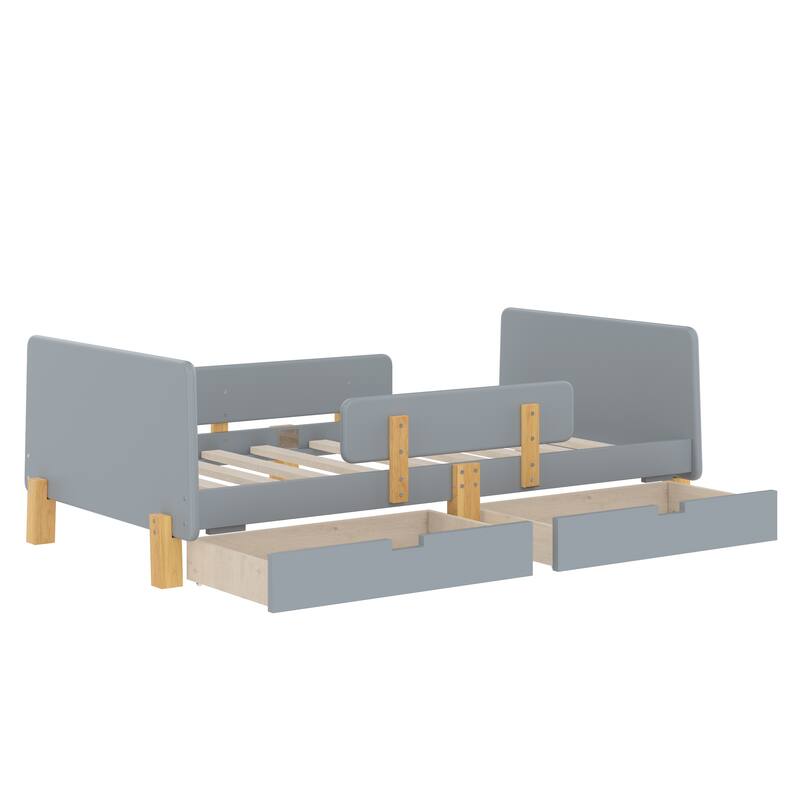 Low Profile Solid Wood Platform Bed Frame with Storage Drawers, Guardrails and Headboard, Footboard with Small Shelf and Hooks
