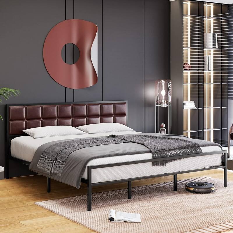 Metal Platform Bed Frame with Headboard & Footboard, 10.8'' Storage, No Box Spring Needed - Queen - Red