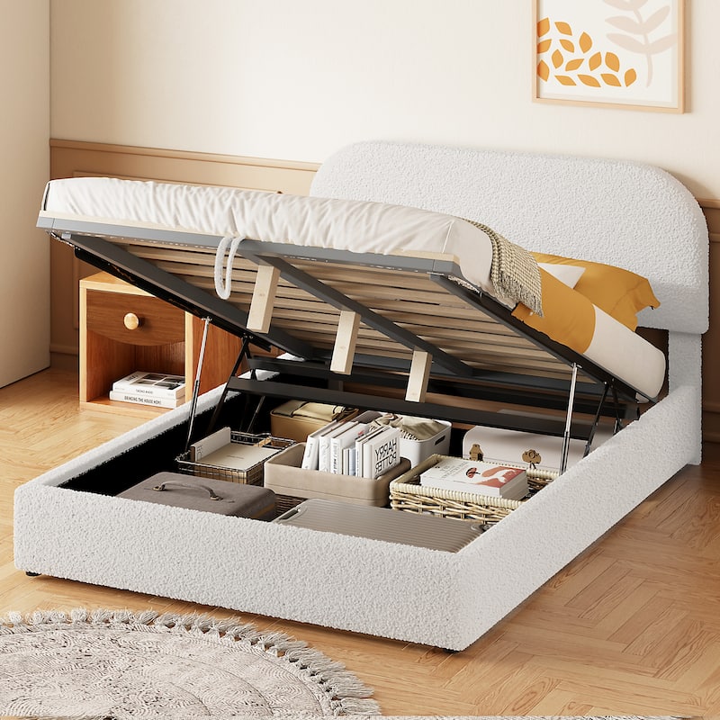 Grounded Bed Upholstered Platform Bed Storage Bed with Curved Headboard and Hydraulic Storage System Under Bed, Teddy Fleece